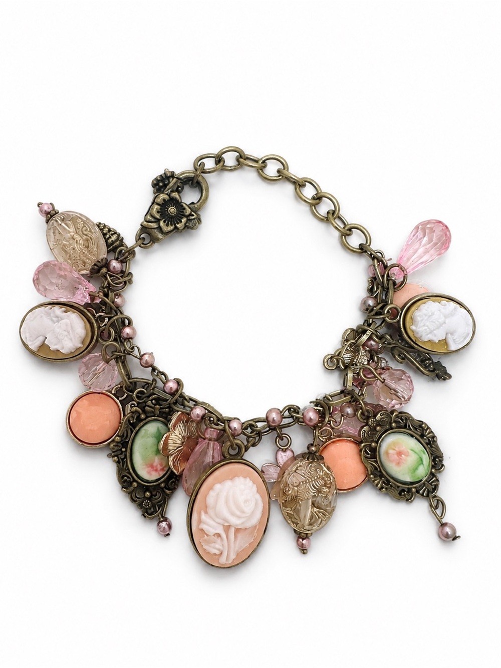 Antique-Style Pink Cameo Charm Bracelet with Floral Oval Accent